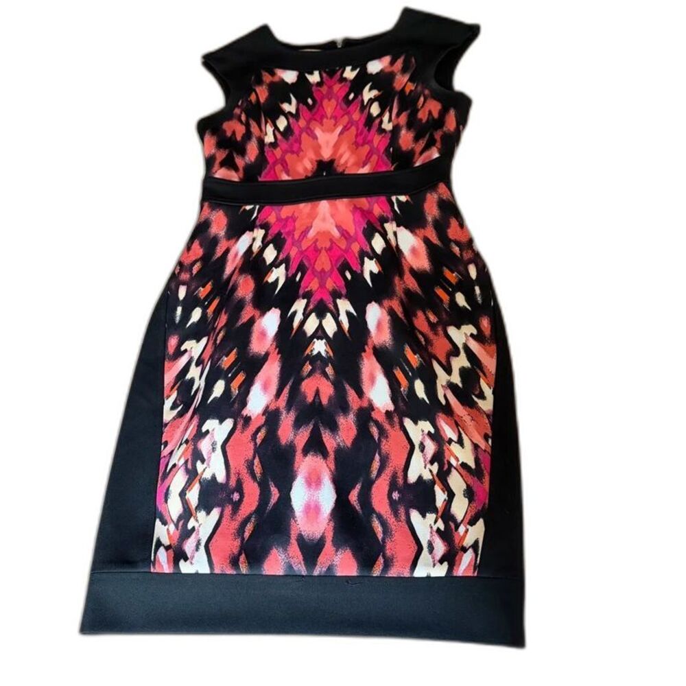 Maggy London Size 8 Abstract Print Sheath Dress Black Pink Coral Cocktail